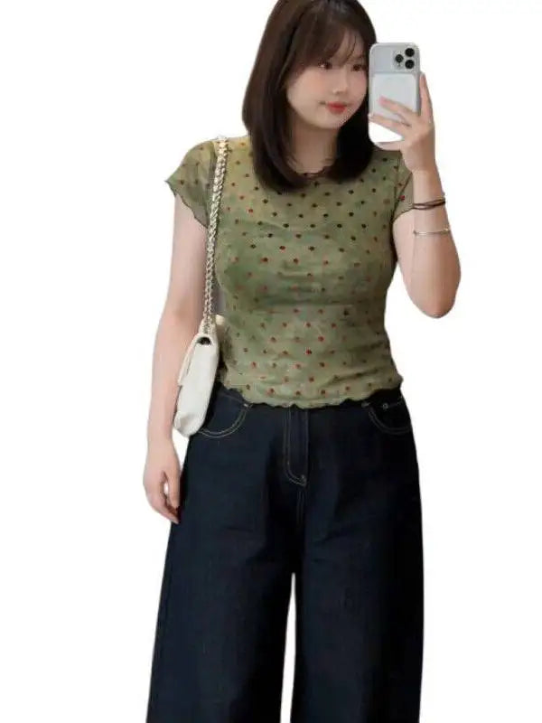 plus Size Women's American Retro Polka Dot Short Sleeve T-Shirt Slimming Top Wood Grain  Spring Summer New Style