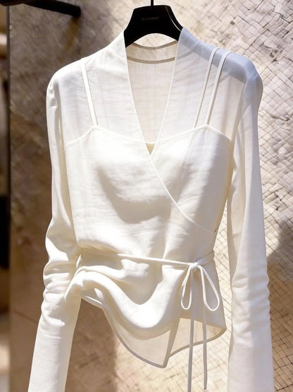 Gray Long Sleeve V-Neck Tulle Women's Shirt Design Sense Small Audience Fashionable Belted Top Commute Style Polyester