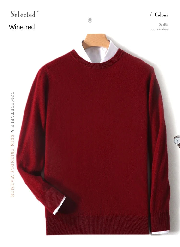 2025 100% Pure Merino Wool Men's Round Neck Pullover Solid Color Plus Size Casual Sweater Autumn And Winter Sports Cashmere Top