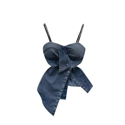 Irregular Halter Neck Denim Crop Top Women Summer Outdoor Wear with Chest Pad Slimming Sexy Girl Shirt Short Length Zipper