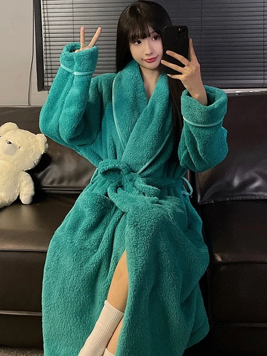 Extra Large Coral Fleece Robe Long Loose Fit Thick Winter Women's Sleepwear Comfortable Home Clothes Luxury Style Pure Color