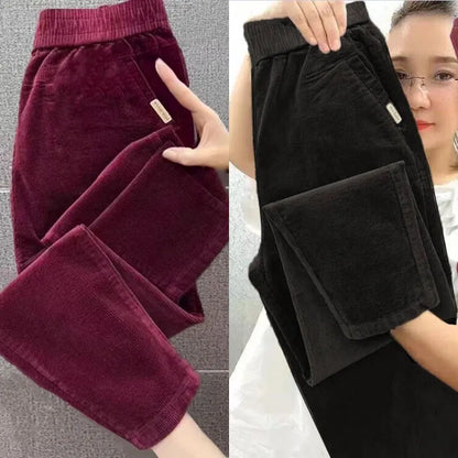 Autumn Winter Thickened Corduroy Casual Harlan Pants for Mom High Waist Loose Fit Straight Leg Casual Outerwear Polyester Fiber