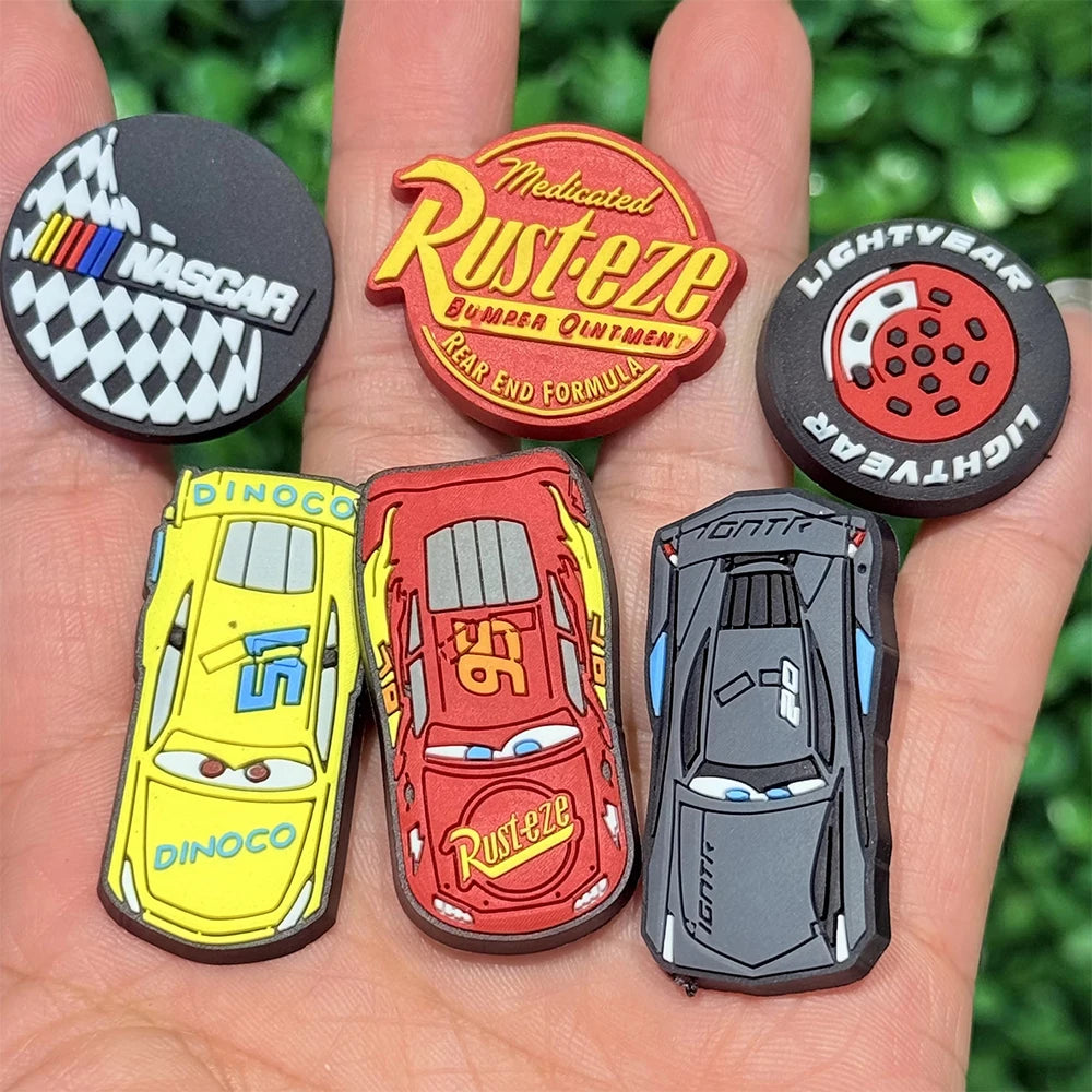 MIX 6pcs Motorsport Inspired Fall F/W PVC Shoes Charms Miniso Cars Slippers Buckle Decorations Fit Boys Birthday Xmas Gifts