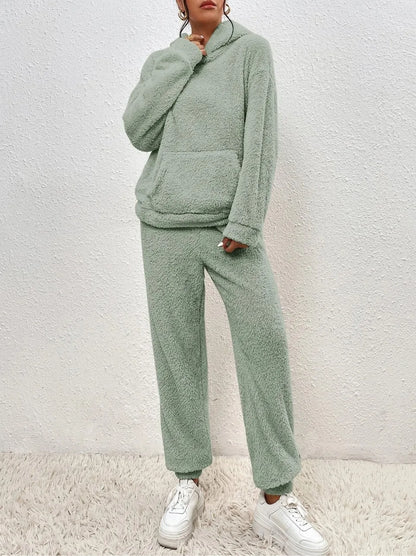 Autumn Winter Fashion Women Casual Hooded Sweatshirt Leg Pants 2 Piece Set Warm Furry Plush Trousers Suit Female Outfit