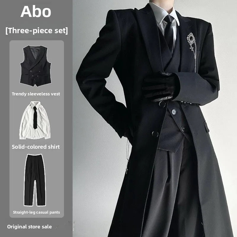 2025 New Long Tailored Coat Jacket Four-Piece Set Neutral Style Shoulder-Length Black High-End Feelings Casual Youth Fashion