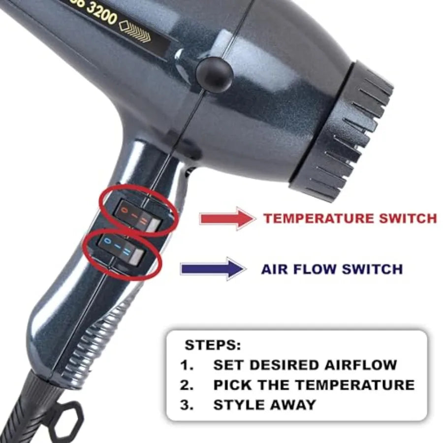 Professional high-speed hair dryer for salon use, black ABS plastic, black color, 3200W turbo power with hot blow attachment fo