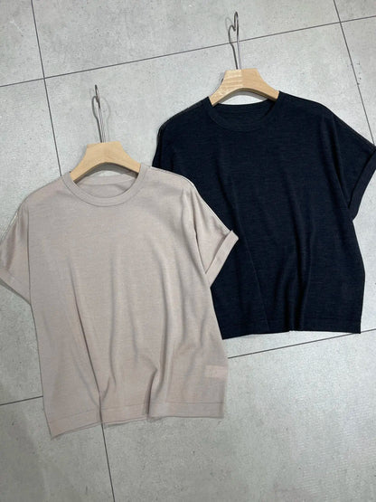 2026 Summer Women's Wool Crew Neck Knit Sweater Short Sleeve Slim Fit Pants Knit Set