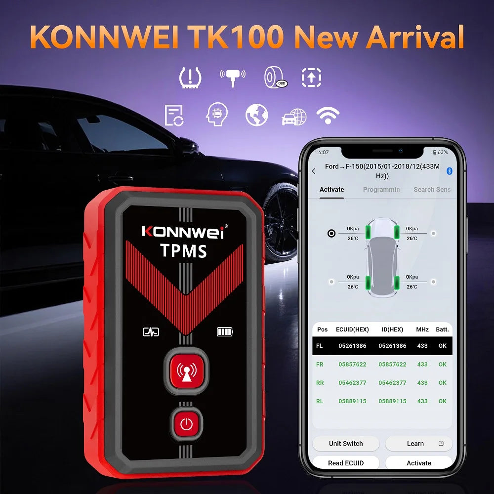 2026 KONNWEI TK100 TPMS Car Tire Pressure Diagnostic Tool Relearn Program 2PCS 315/433Mhz Sensor For ios Android TPMS Programing