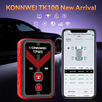 2026 KONNWEI TK100 TPMS Car Tire Pressure Diagnostic Tool Relearn Program 2PCS 315/433Mhz Sensor For ios Android TPMS Programing
