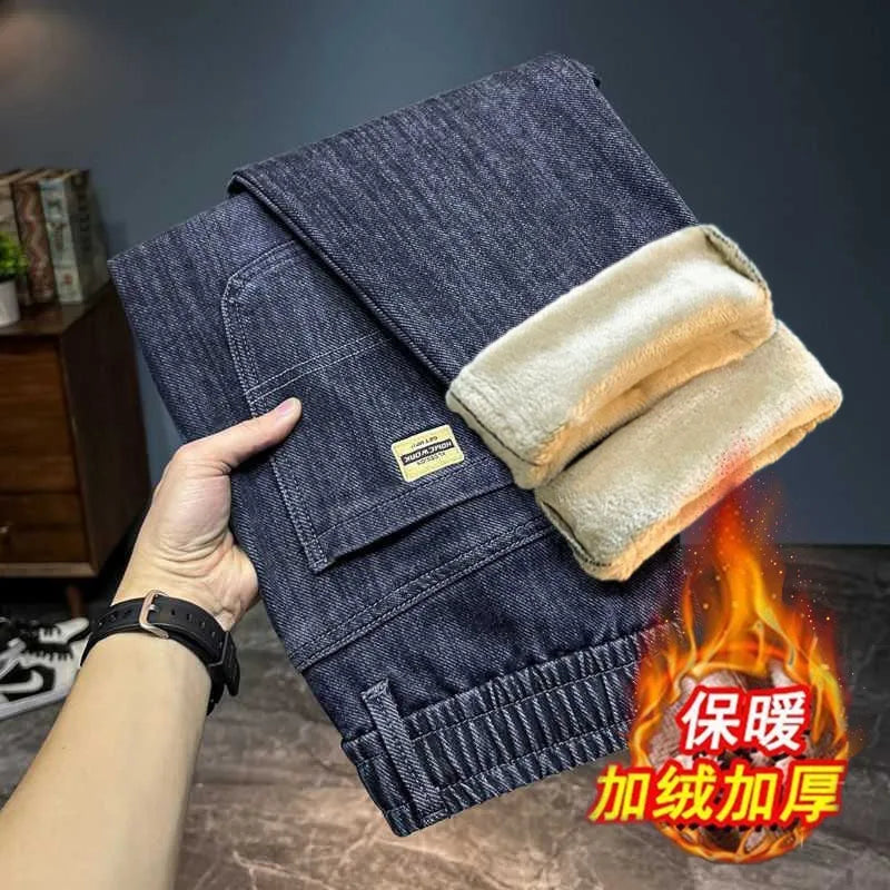 Warm Fleece Lined Elastic Waist Casual Straight Leg Men's Jeans Premium Quality Autumn Winter Thickened Stretch Denim Pants