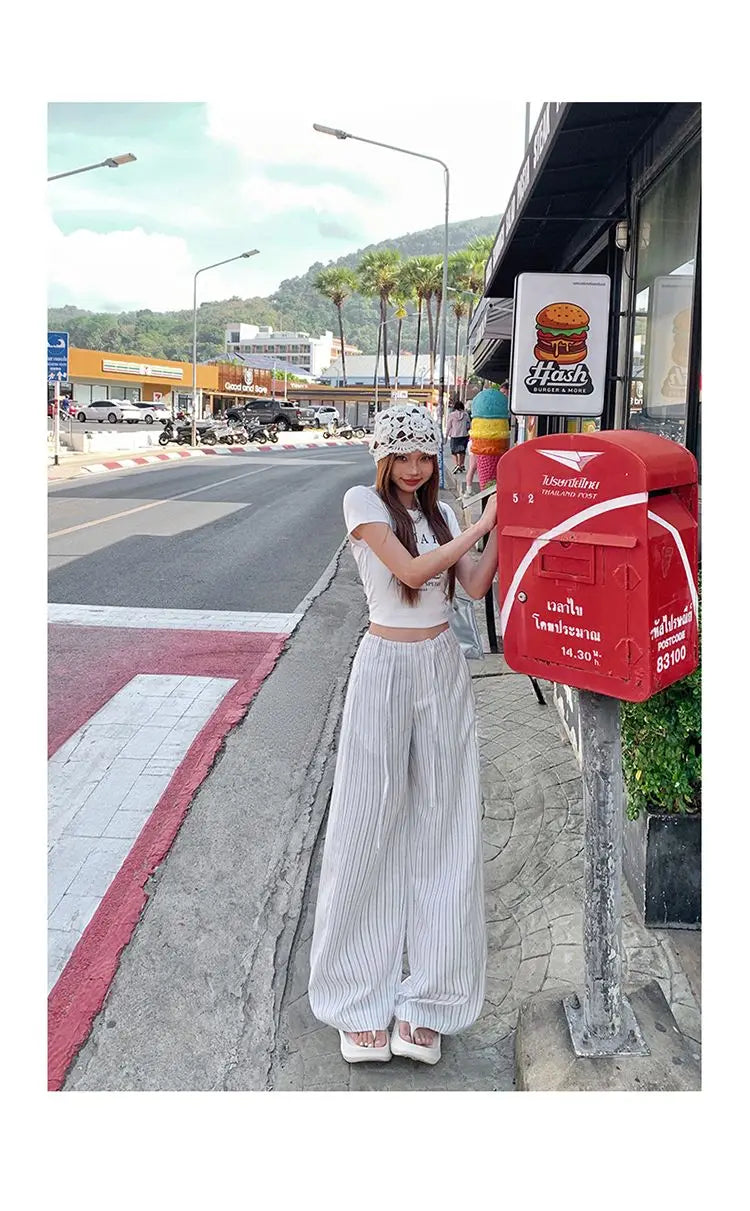 High-waist loose wide-leg pants, spring and summer new drawstring vertical striped versatile straight-leg casual pants for women