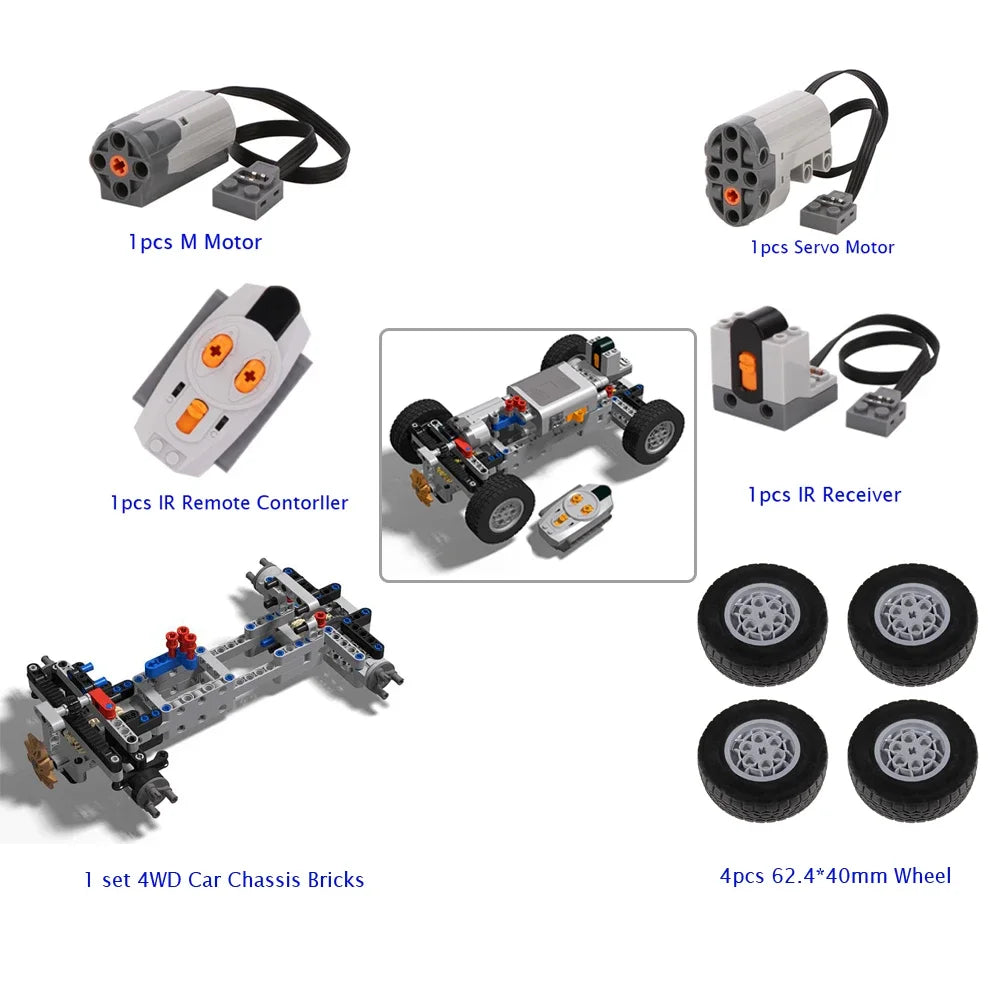 MOC 4WD Remote Control Car Chassis Kit With 62.4*20mm Wheel Four-Wheel Drive Technical Car M Motor Servo Motor AA Battery Box