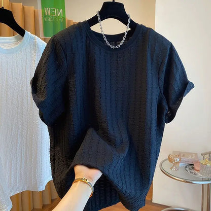 Short Sleeve T-Shirt Textured Summer Trendy High End Casual Handsome round Neck Half Loose Top Thin Cotton Women's Tee