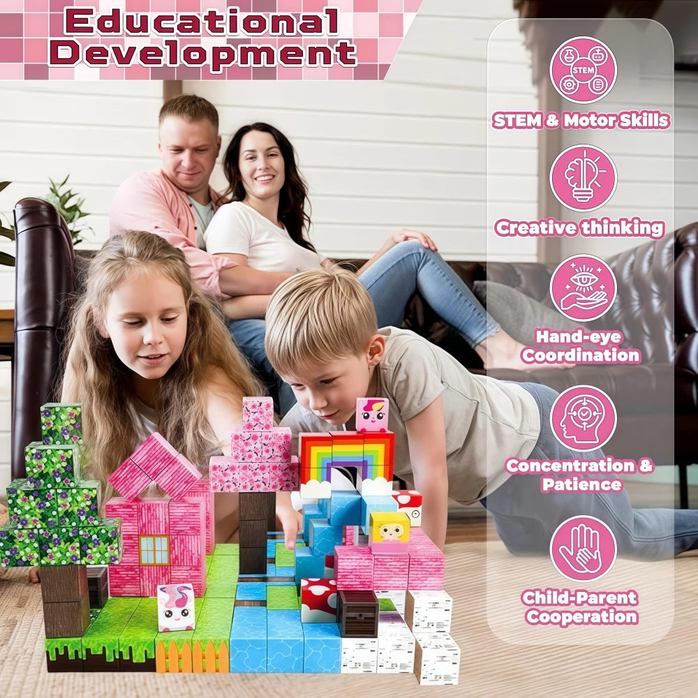 Pink Girl Magnetic Blocks 100Pcs Rainbow Forest Free Assembly 3D Creative DIY STEM Educational Toy Holiday Gift Exquisite Box