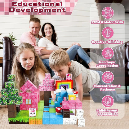 Pink Girl Magnetic Blocks 100Pcs Rainbow Forest Free Assembly 3D Creative DIY STEM Educational Toy Holiday Gift Exquisite Box
