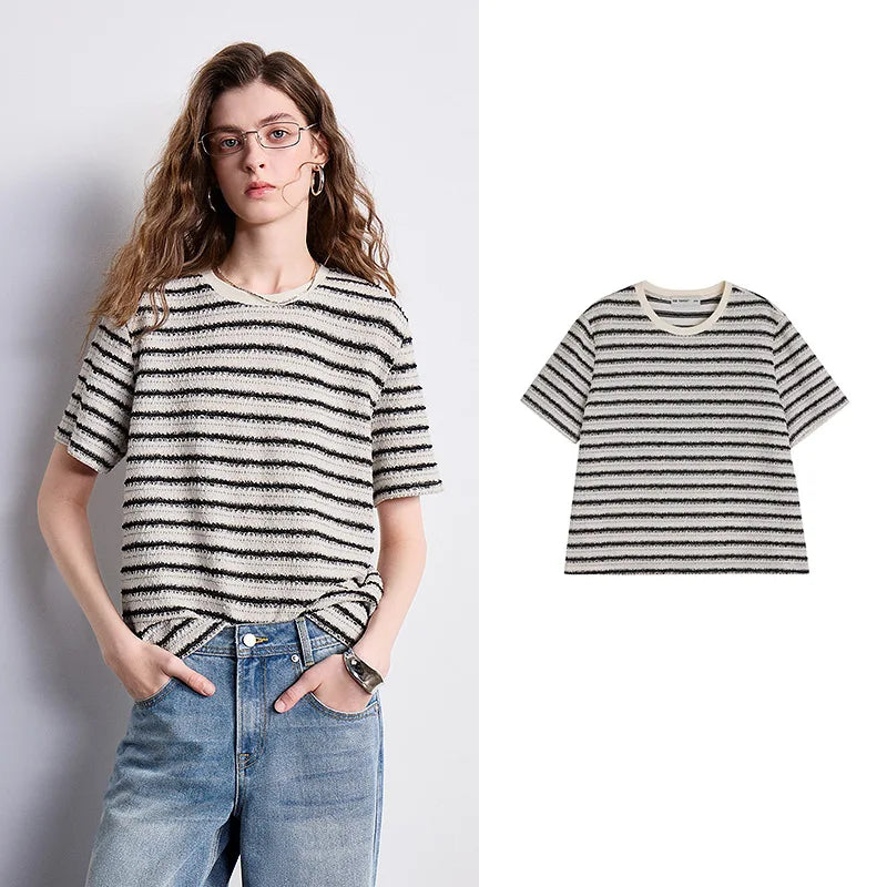 TOYOUTH Women T-shirt 2026 Summer New Striped Round Neck Combined Fashionable Heavy-duty Top