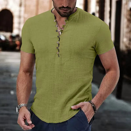 Men's Short Sleeve Linen Shirt Summer Lightweight Casual V-Neck T-Shirt Men Basic Solid Color Loose Fit Top