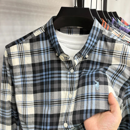 American-style Plaid Long-sleeve Shirt for Men, Pure Cotton Casual Trendy Brand Embroidered Red Shirt Top for Spring and Autumn