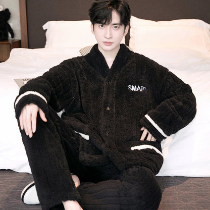 Thickened Flannel Coral Fleece Lined Sleepwear Set Men's Long Sleeve V-Neck Button Placket Home Clothes Suitable for Outdoor