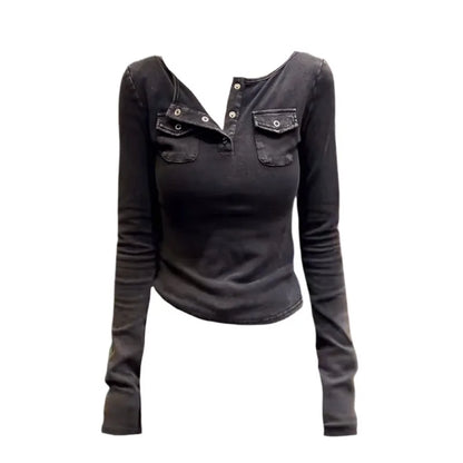 plus Size American Style V-Neck Long Sleeve Women's T-Shirt Slim Fit Base Layer Shirt Autumn New Style Pocket Design Top