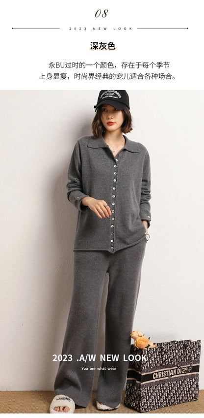 Women's 100% Cashmere Wide Leg Pants Knitted Thick Autumn/Winter Casual Solid Color Elastic Waistband Pockets
