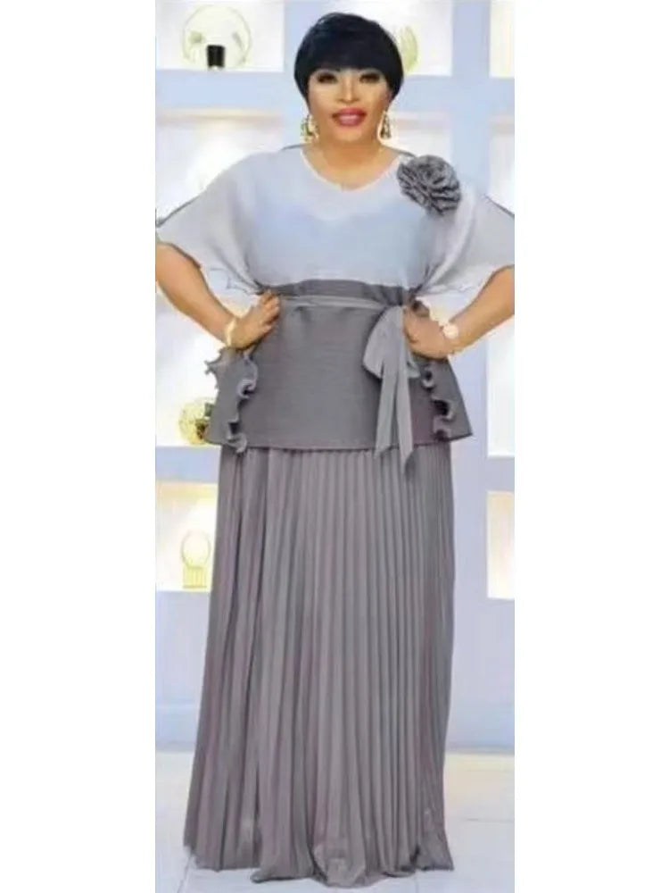 2025 New Casual Suit Women's Two-piece Set Miyake Pleated Skirt + Color Matching Top Loose Long Skirt Set