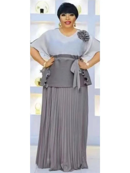2025 New Casual Suit Women's Two-piece Set Miyake Pleated Skirt + Color Matching Top Loose Long Skirt Set