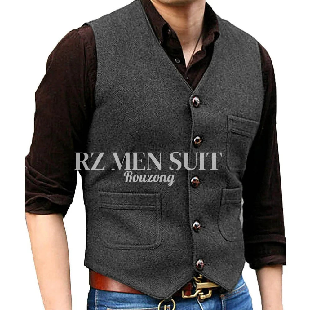 Mens Vintage Tweed Suit Vest V Neck Casual Wool Waistcoat for Wedding Groomsmen chaleco hombre