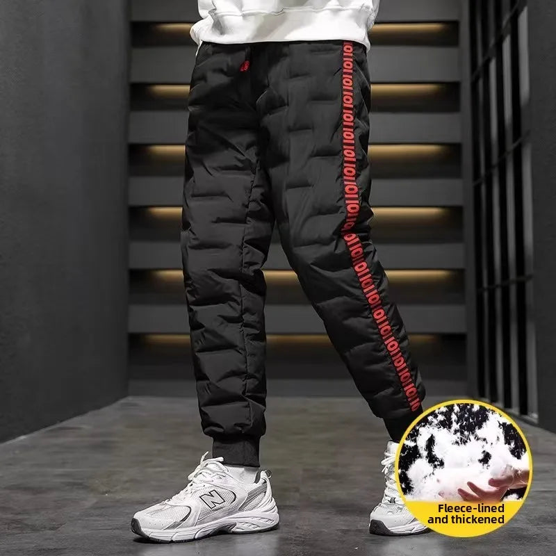 Men's Outdoor Casual Duck down Trousers Winter Windproof Waterproof Cold Resistant Cotton Pants Long Drawstring Waist