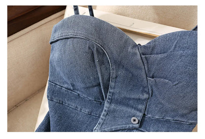 Irregular Halter Neck Denim Crop Top Women Summer Outdoor Wear with Chest Pad Slimming Sexy Girl Shirt Short Length Zipper