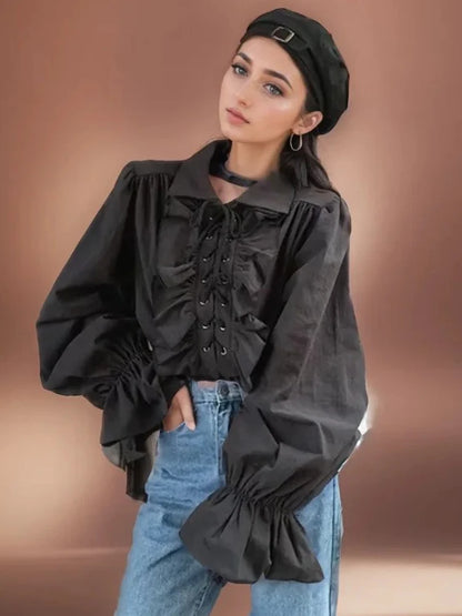 Zadily 2025 Summer Women's Lolita Ruffle Trim High Neck Shirt Lace-Up Lantern Sleeves Fitted Waist Vintage Elegant Party Blouse