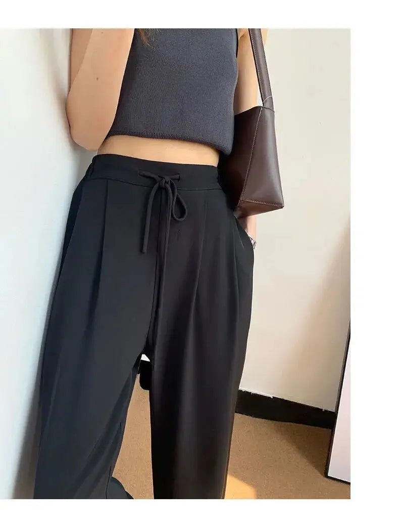 Ice Silk High Waist Wide Leg Pants Women Summer Loose Thin Straight Casual Trousers Korean Style Polyester Fiber Skin-friendl...