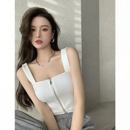 Sexy ort Zipper Tank Top Women's Inner Wear Pure Color Csole Summer Trendy Commute Sle Slim Fit Single Piece