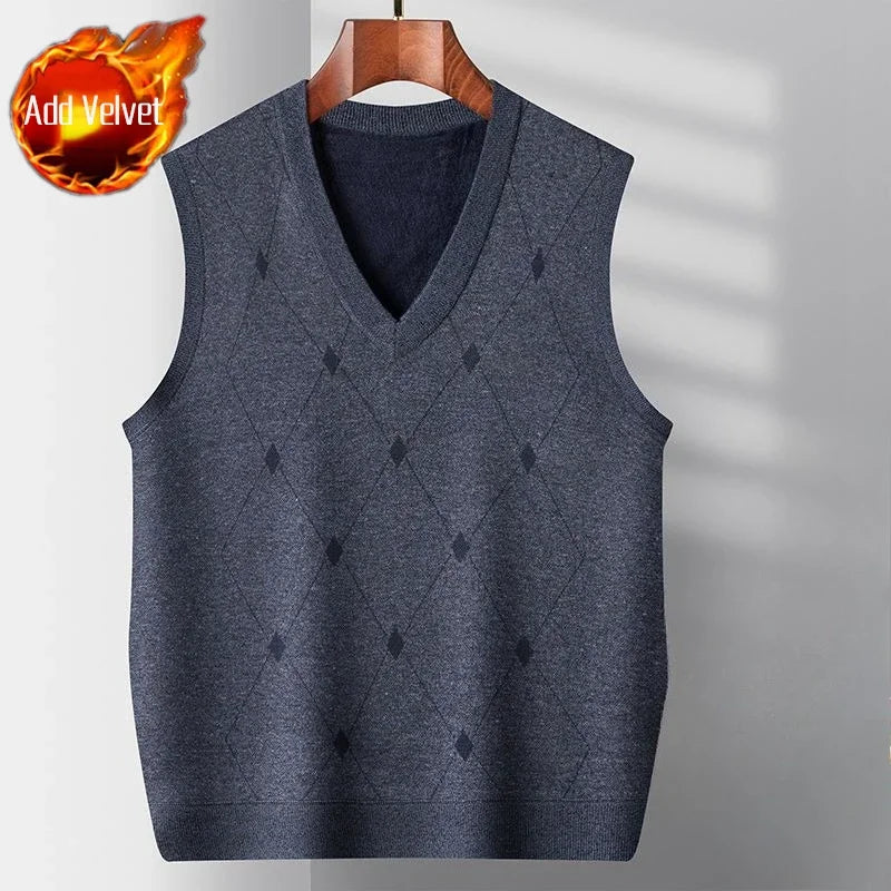Korean Style Fashion High Quality Men's Argyle Knitted Vest Autumn Winter Fleece Lined Thickened Middle Aged Casual Waistcoat