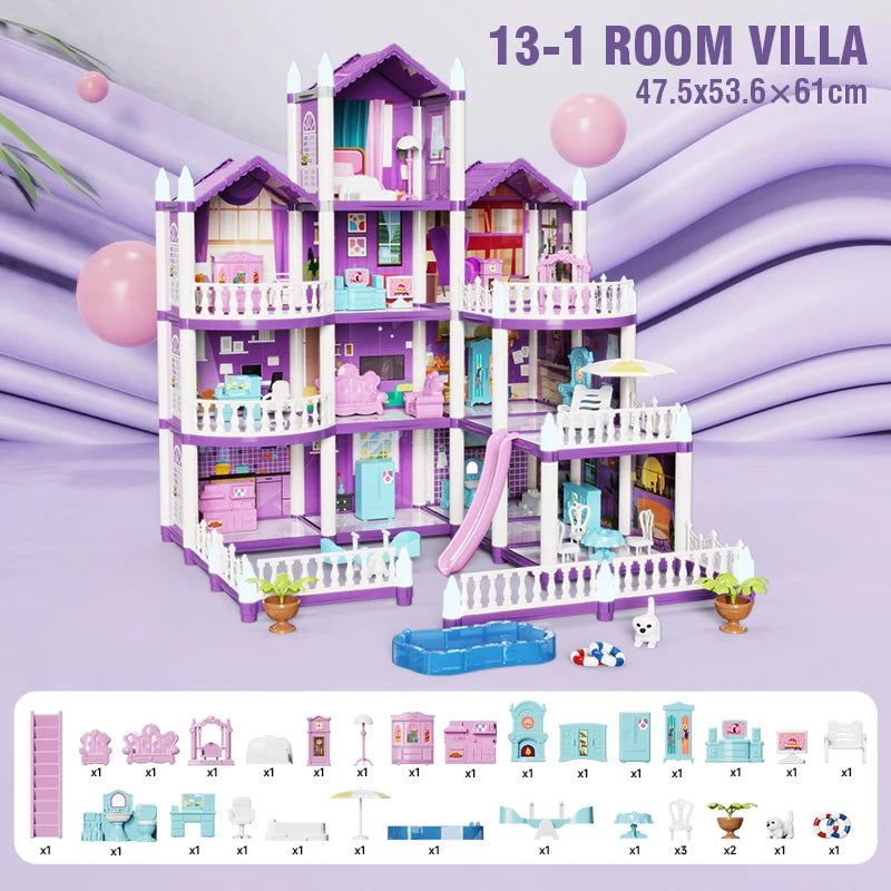 DIY Large Doll House Set Villa Play House Assemble Simulation Furniture Bedroom Kitchen Kids Educational Toys Girl Boys Gifts