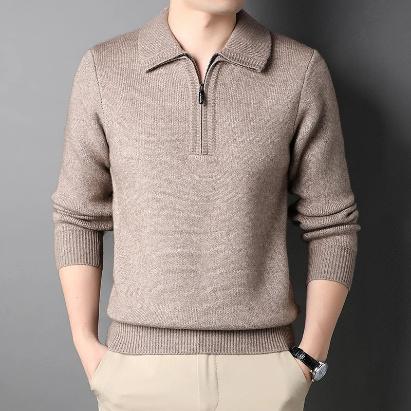New Men Cashmere Sweater for Warm Comfort Knitted Long Sleeved O-neck Zipper Pullover Alpaca Sweater Male Brand