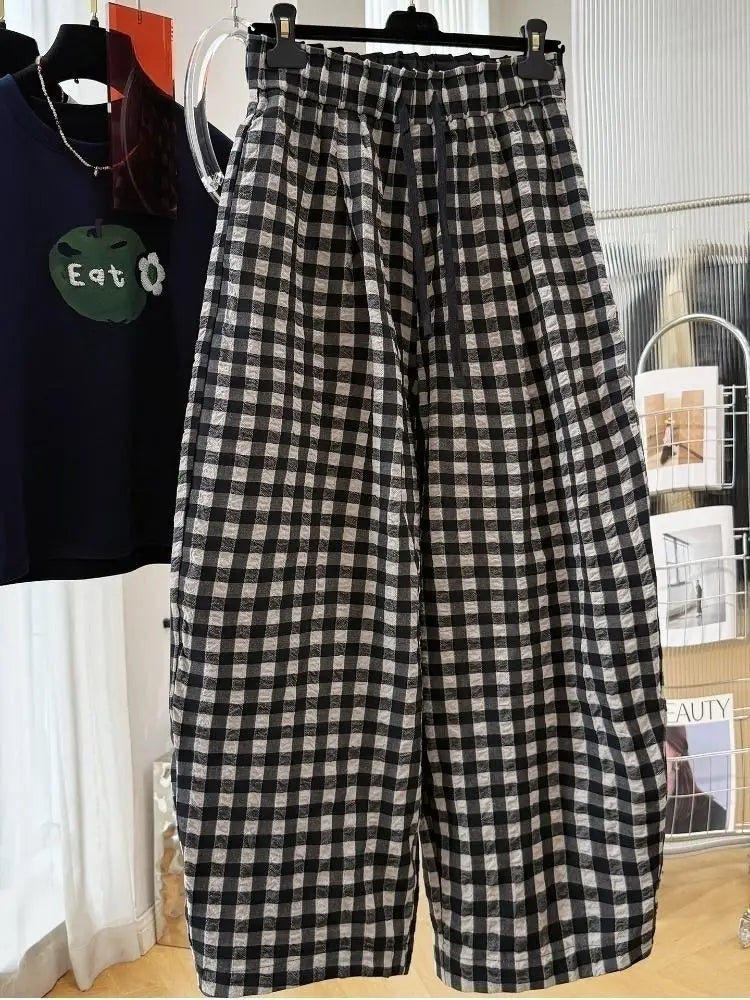 Women Korean Plaid Harem Pants Summer Linen Cotton Elastic Waist Cropped Pants High Grade Casual Loose Fashion Daily Trousers