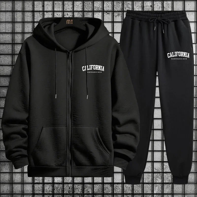 Autumn Winter Sportswear California Mens Sporty Tracksuit Set 2026 New 2 Pieces Zipper Hoodie Sweatpants Urban Streetwear Outfit
