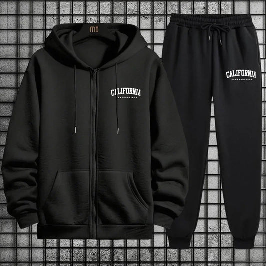 Autumn Winter Sportswear California Mens Sporty Tracksuit Set 2026 New 2 Pieces Zipper Hoodie Sweatpants Urban Streetwear Outfit