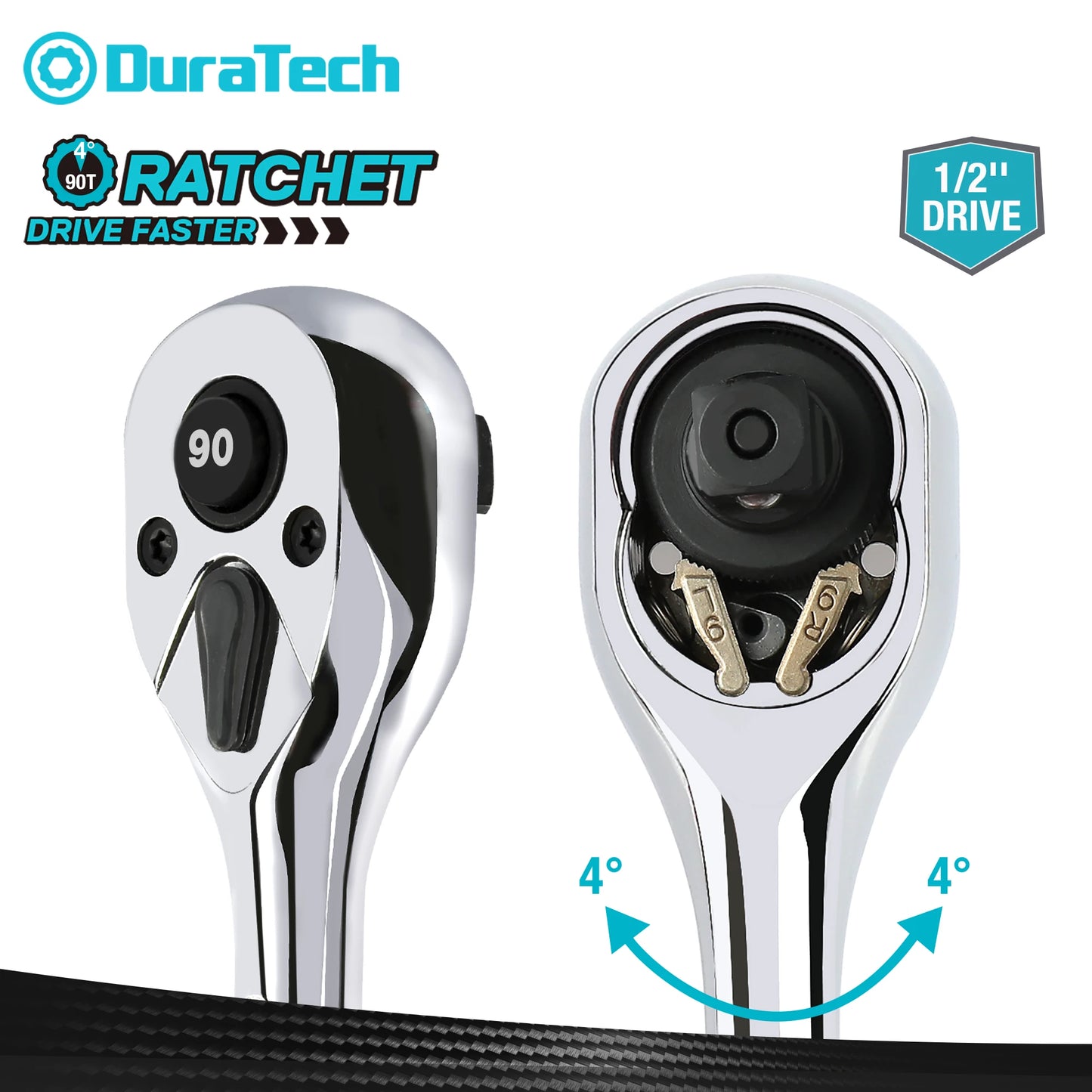 DURATECH 1/2"Dr. 90-Tooth Quick-release Ratchet Handle Reversible Drive Ratchet Wrench Full Polished Home DIY Hand Tools