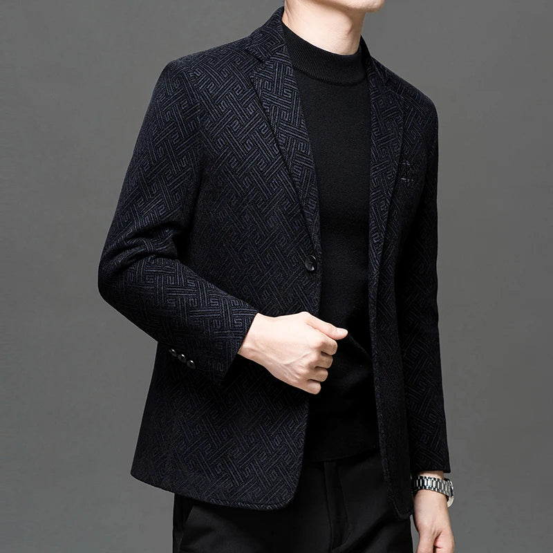 Autumn Winter Men Elegant Padded Blazers Coffee Navy Personality Pattern Suit Jackets Male Slim Fit Tailored Outfits Garments