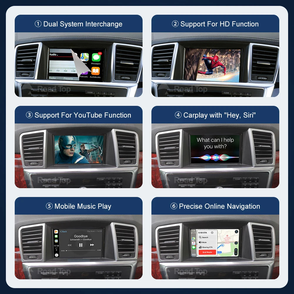 Road Top Wireless CarPlay Android Auto for Mercedes Benz ML GL W166 X166 2012-2015, with Mirror Link AirPlay Car Play Functions