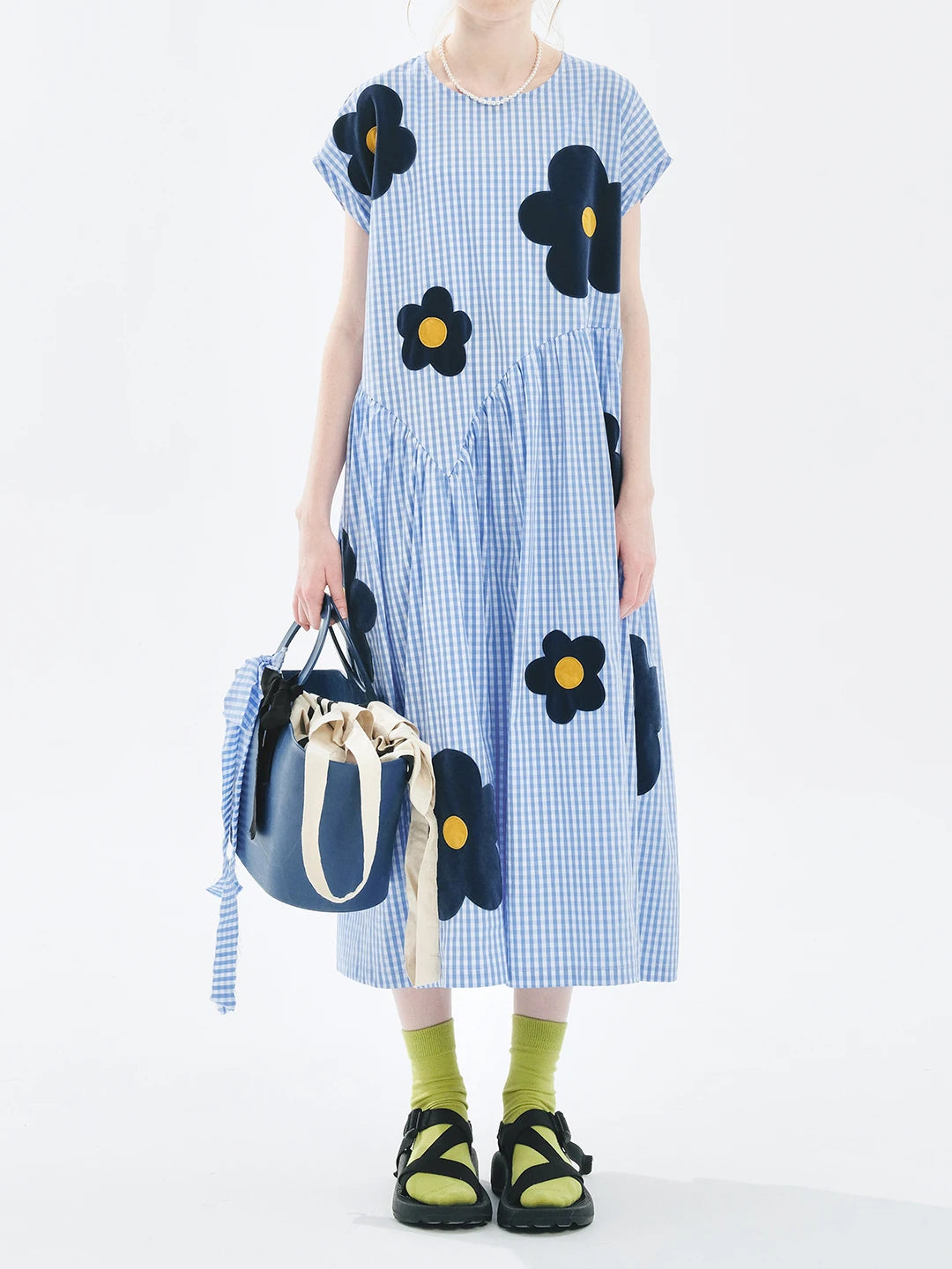 imakokoni 2024 Summer New Plush Flower Sleeve Blue Loose Dress 265495