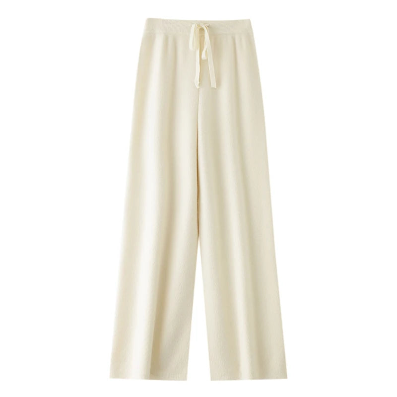 Chic Wide-Leg Pants Women's Autumn Winter Solid Color 100% Merino Wool Knitted Casual Loose Soft Thick Warm Popular Trousers