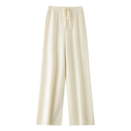 Chic Wide-Leg Pants Women's Autumn Winter Solid Color 100% Merino Wool Knitted Casual Loose Soft Thick Warm Popular Trousers