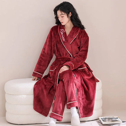 Thiened Long Coral Fce Pajamas Women's Spwear Winter Home Clothes Couple Batobes Men's plus Size Flannel Gown