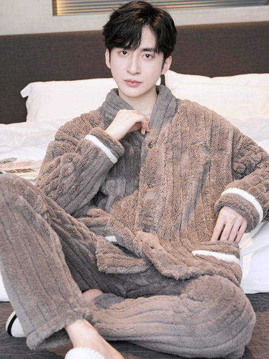 Thickened Flannel Coral Fleece Lined Sleepwear Set Men's Long Sleeve V-Neck Button Placket Home Clothes Suitable for Outdoor