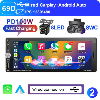 LEHX 6.9 Inch 1DIN Universal MP5 Car Radio Support Wireless Carplay Android AUTO AUX IPS Touch Screen Multimedia Video Player