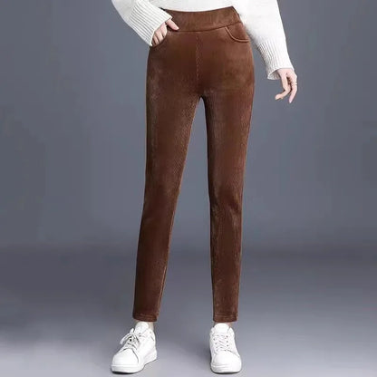 Thickened Fleece Corduroy Pants High Waist Harlan Style Winter 2024 New Women's Casual Trousers Elastic Waist Pocket Detail