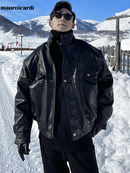 Mauroicardi Autumn Winter Waterproof Windproof Oversized Thickened Warm Black Faux Leather Jacket Men Zip Up Casual Cool Fashion